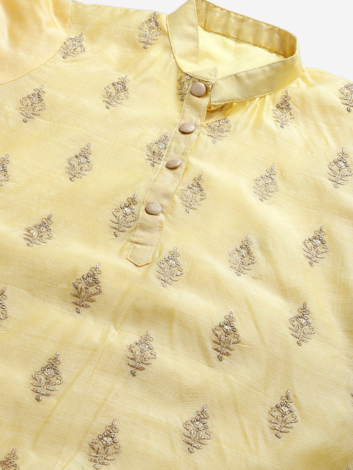 Lemon Chanderi Silk Suit Set With Gold Aari Embroidery & Embellished Dupatta