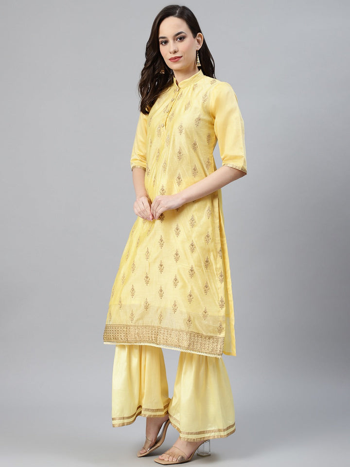 Lemon Chanderi Silk Suit Set With Gold Aari Embroidery & Embellished Dupatta