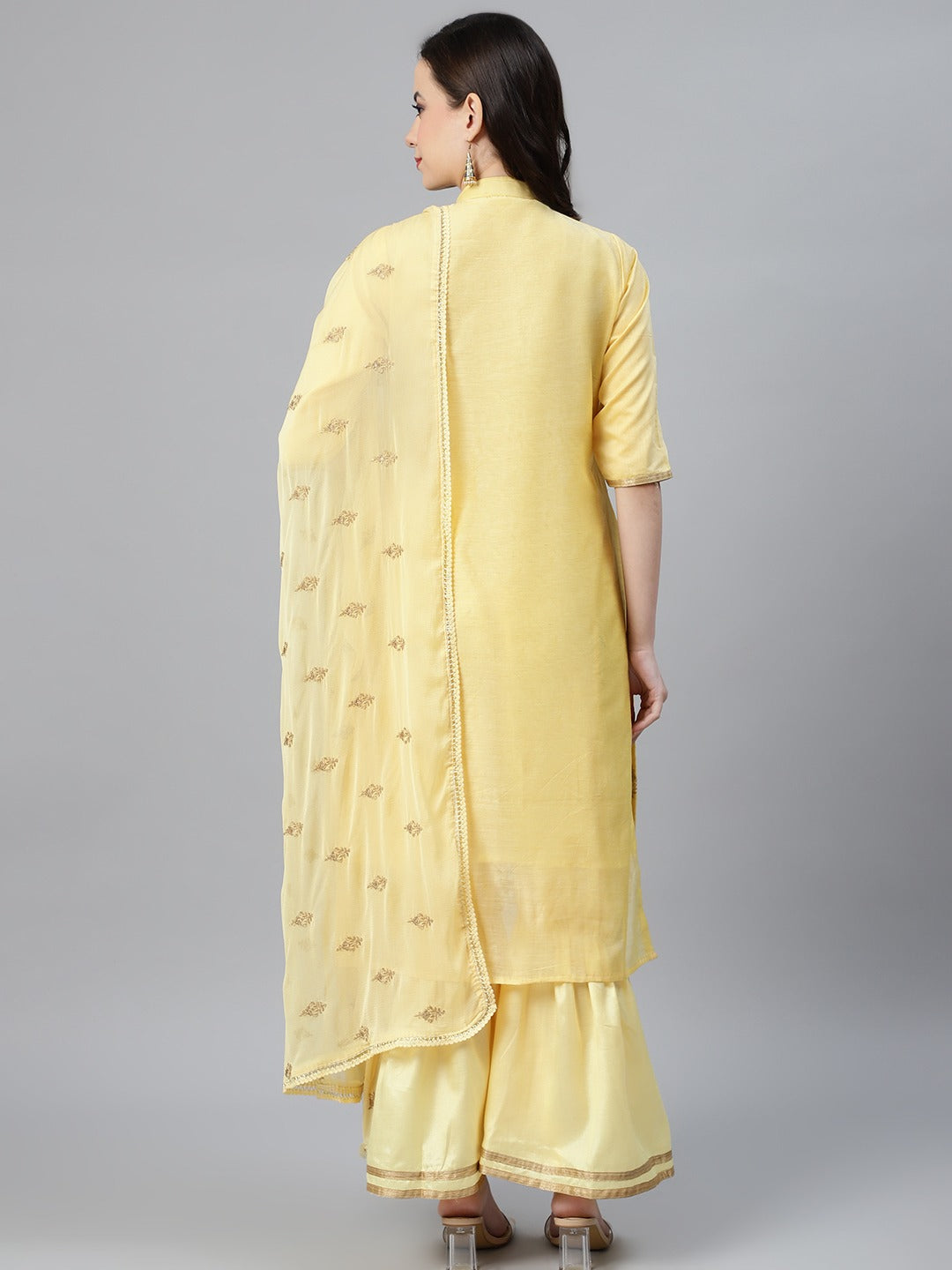 Lemon Chanderi Silk Suit Set With Gold Aari Embroidery & Embellished Dupatta
