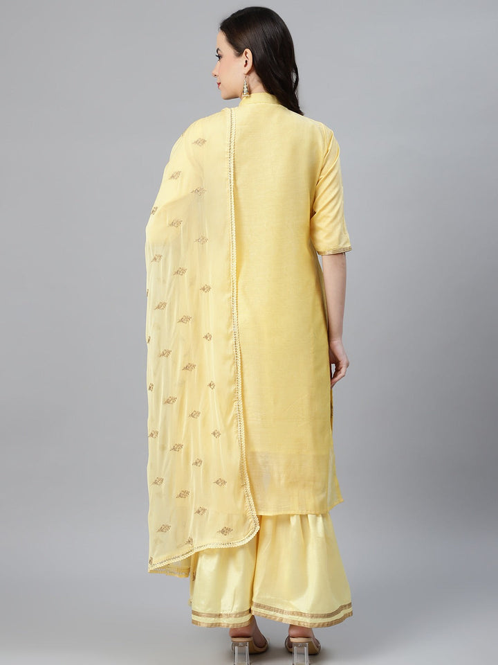 Lemon Chanderi Silk Suit Set With Gold Aari Embroidery & Embellished Dupatta