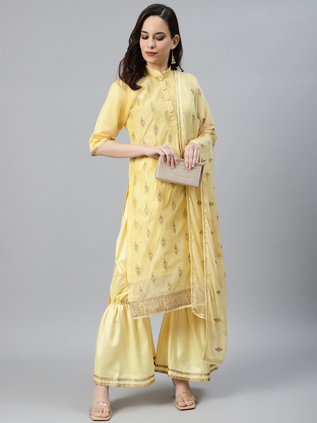 Lemon Chanderi Silk Suit Set With Gold Aari Embroidery & Embellished Dupatta