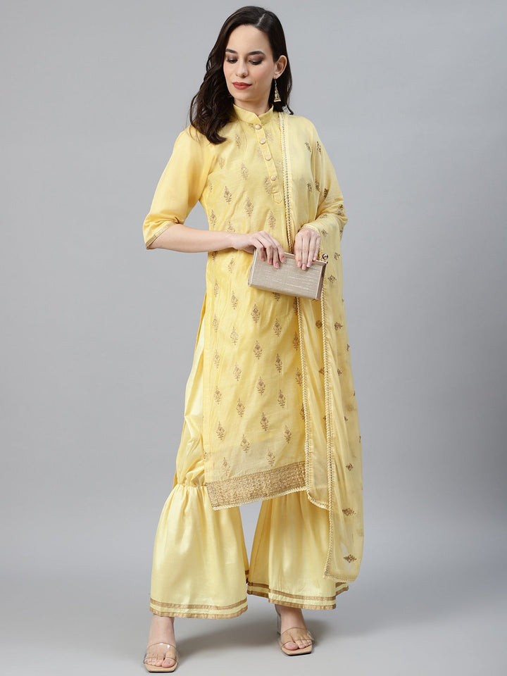 Lemon Chanderi Silk Suit Set With Gold Aari Embroidery & Embellished Dupatta