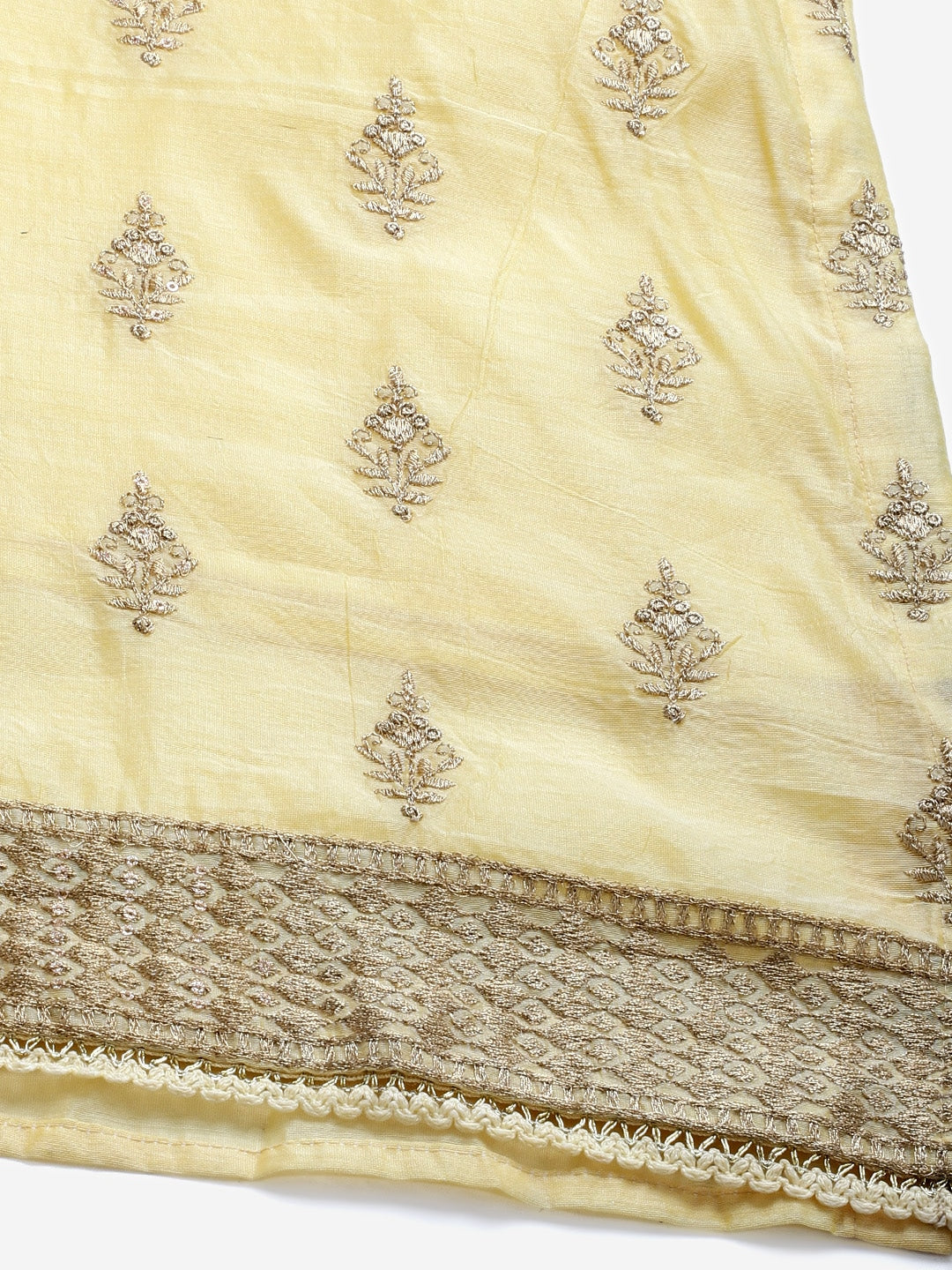 Lemon Chanderi Silk Suit Set With Gold Aari Embroidery & Embellished Dupatta