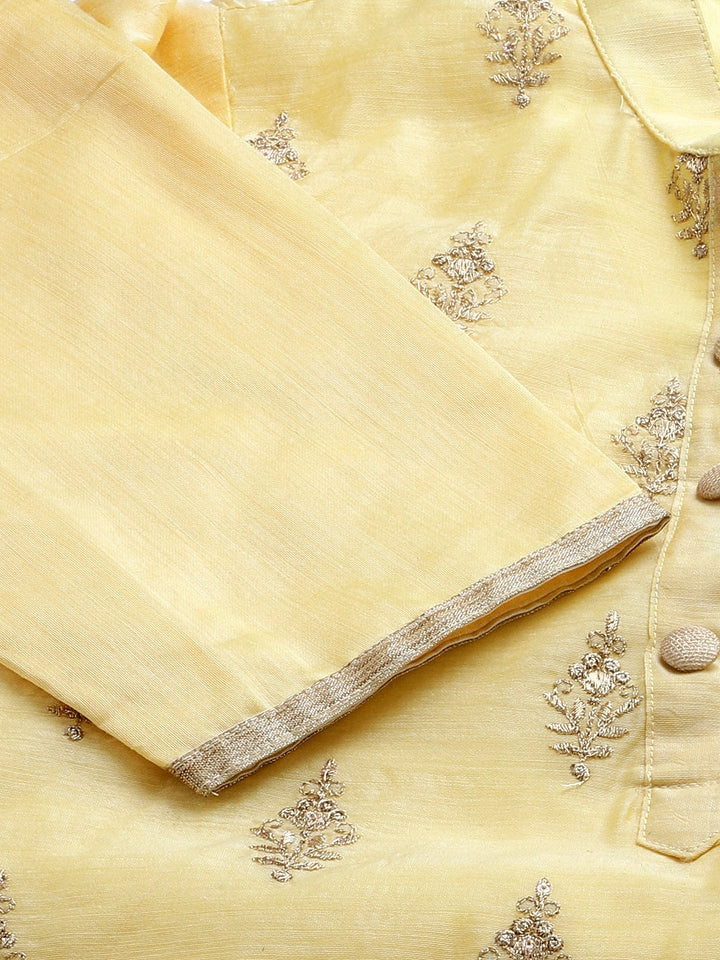 Lemon Chanderi Silk Kurta Sharara Set With Gold Aari Embroidery & Embellished Dupatta