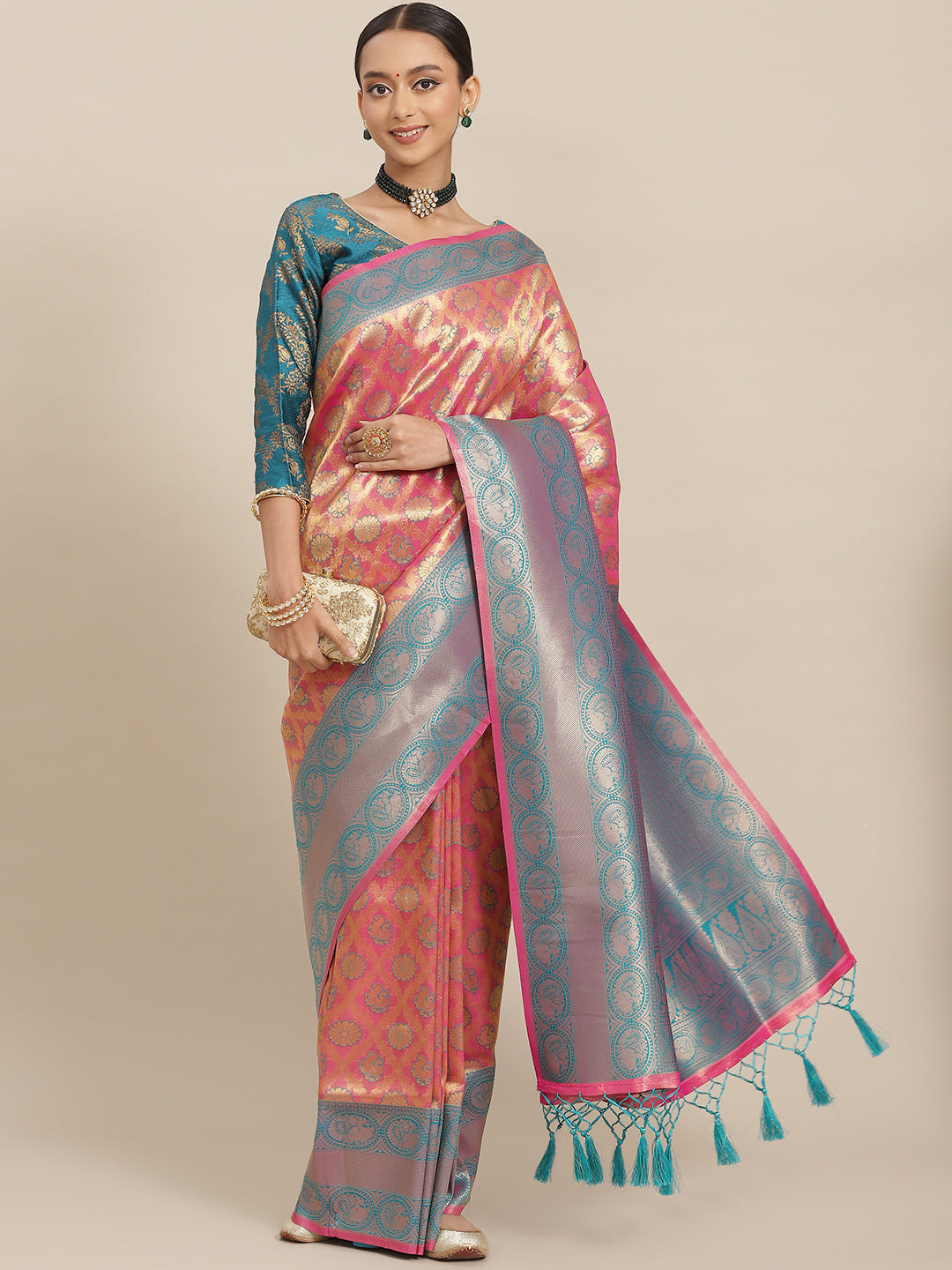 Fuchsia & Teal Zari Embellished Peacock Motifs Banarasi Silk Saree