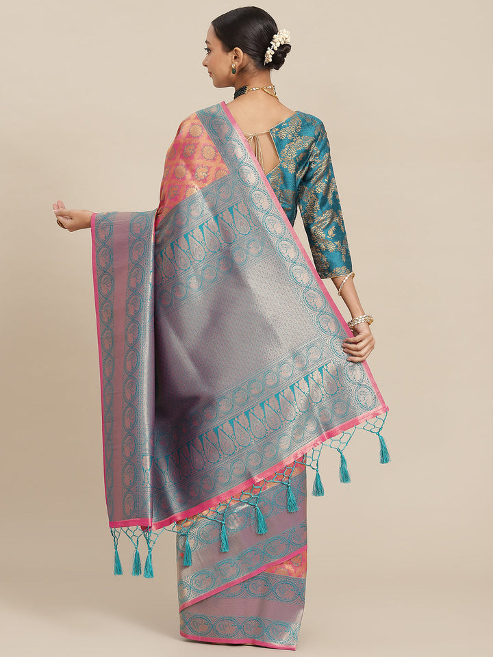 Fuchsia & Teal Zari Embellished Peacock Motifs Banarasi Silk Saree