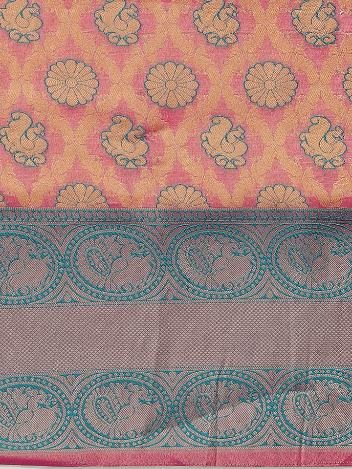 Fuchsia & Teal Zari Embellished Peacock Motifs Banarasi Silk Saree
