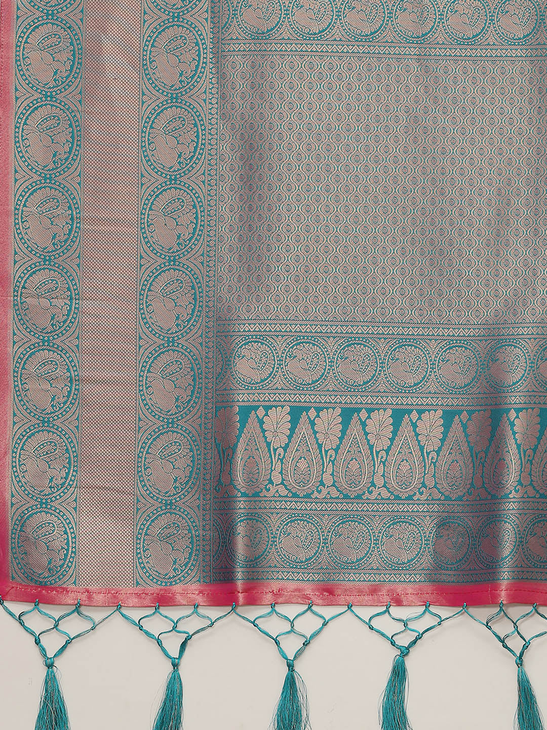 Fuchsia & Teal Zari Embellished Peacock Motifs Banarasi Silk Saree