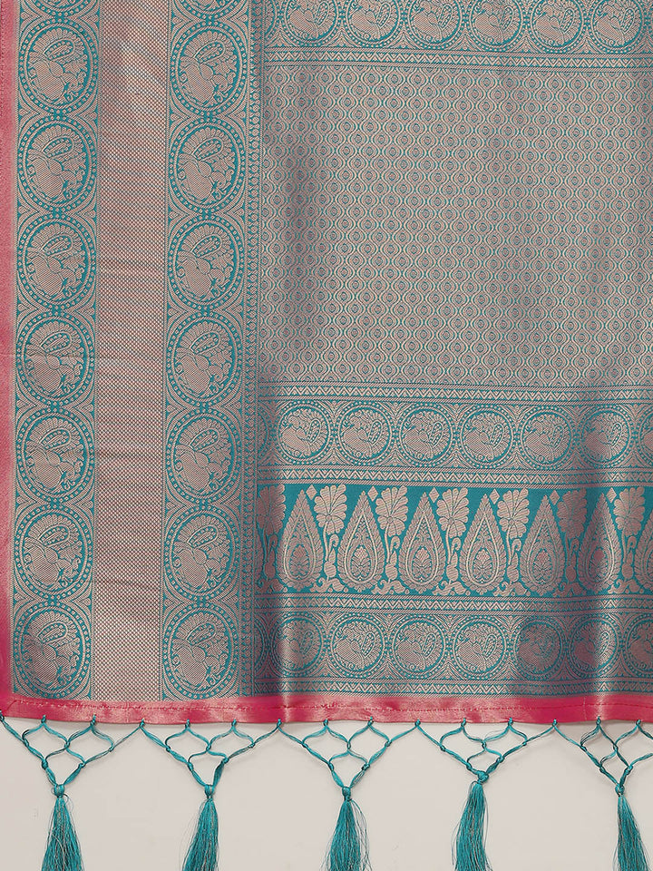 Fuchsia & Teal Zari Embellished Peacock Motifs Banarasi Silk Saree