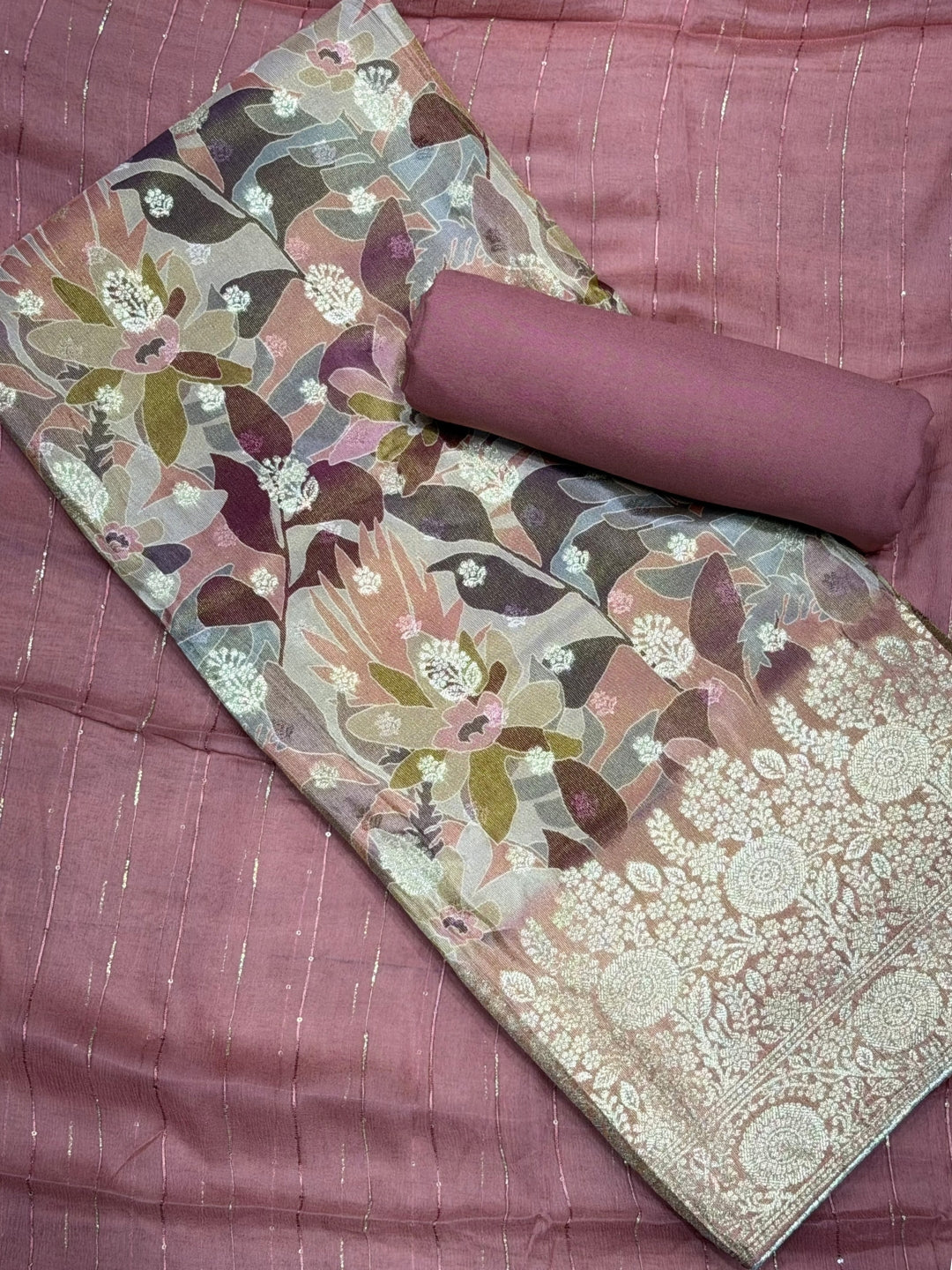 Dusky Pink Printed Unstitched Suit with Floral Zari Weaving & Striped Leheriya Dupatta