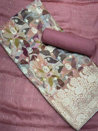 Dusky Pink Printed Unstitched Suit with Floral Zari Weaving & Striped Leheriya Dupatta
