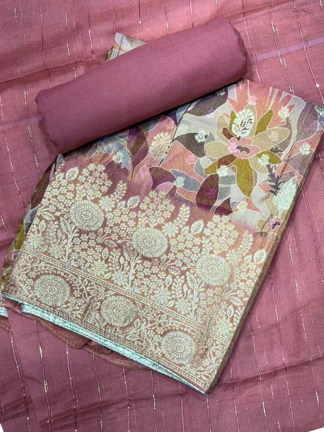 Dusky Pink Printed Unstitched Suit with Floral Zari Weaving & Striped Leheriya Dupatta