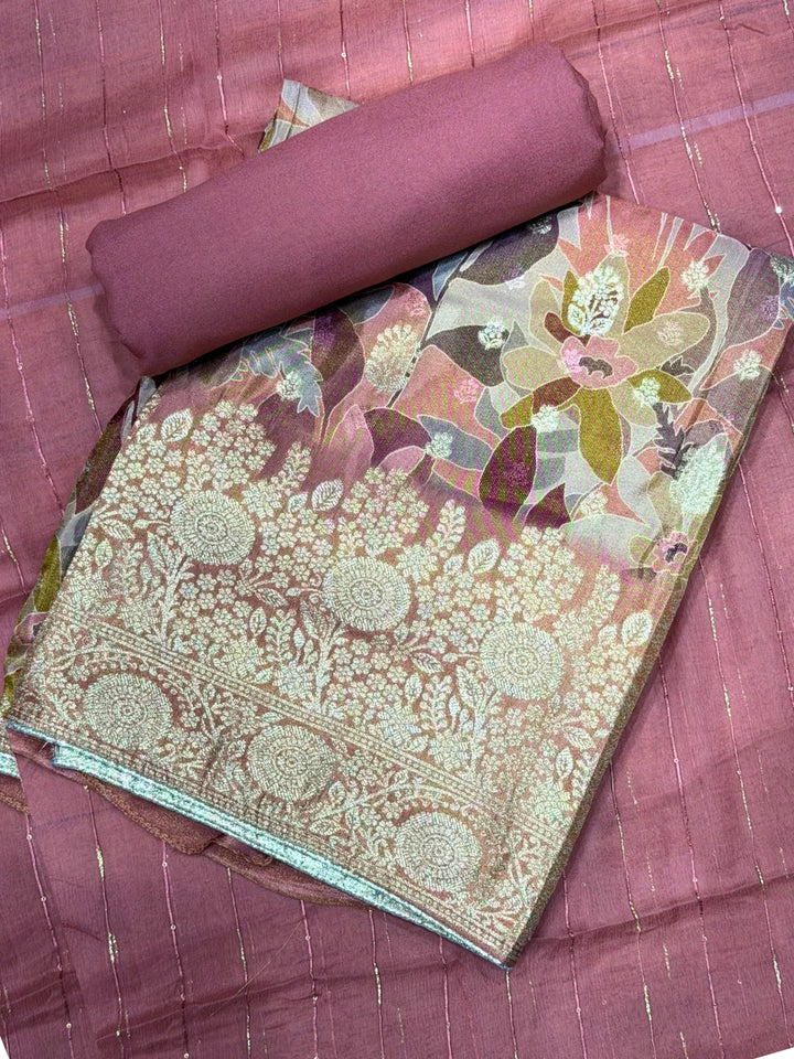 Dusky Pink Printed Unstitched Suit with Floral Zari Weaving & Striped Leheriya Dupatta