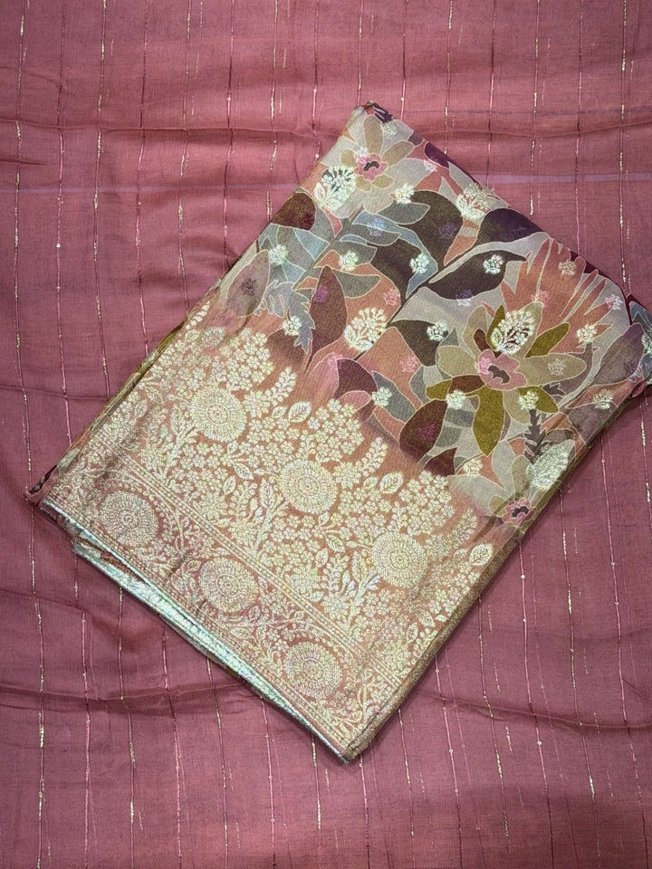 Dusky Pink Printed Unstitched Suit with Floral Zari Weaving & Striped Leheriya Dupatta