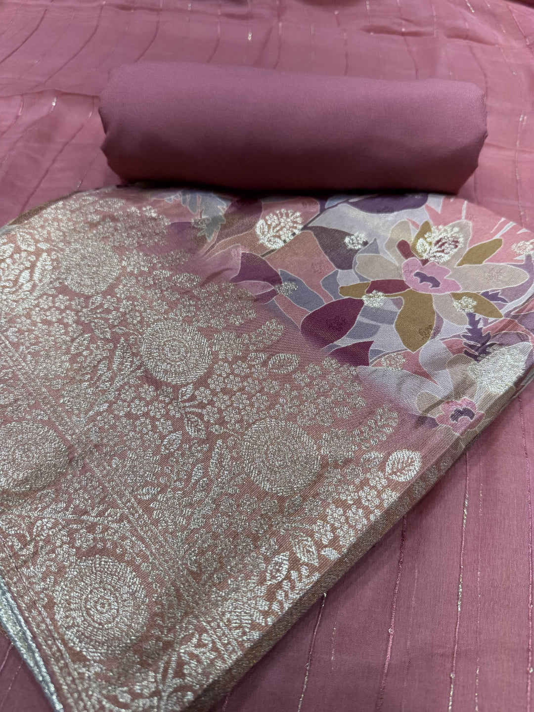 Dusky Pink Printed Unstitched Suit with Floral Zari Weaving & Striped Leheriya Dupatta