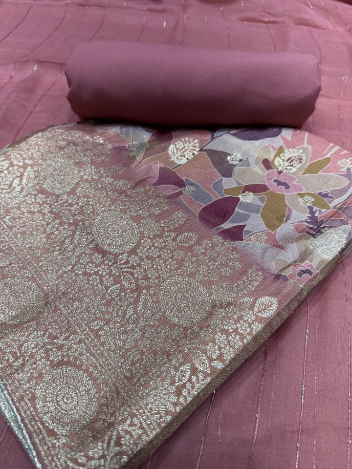 Dusky Pink Printed Unstitched Suit with Floral Zari Weaving & Striped Leheriya Dupatta