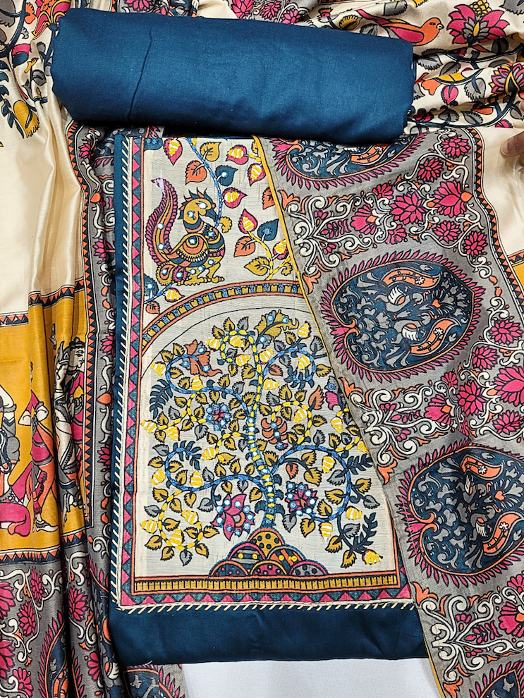 Chhabra 555 Mirror Embellished Kalamkari Print Dress Material with Animal & Human Figure Motifs