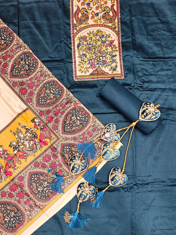 Mirror Embellished Kalamkari Print Dress Material with Animal & Human Figure Motifs