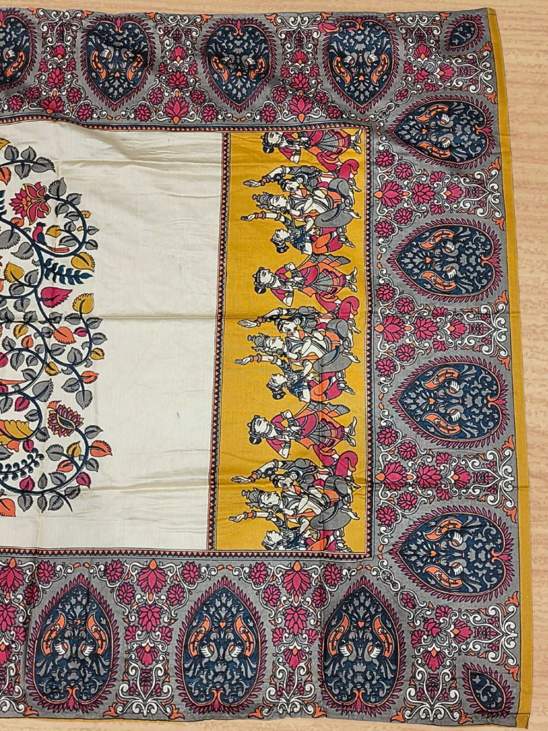 Mirror Embellished Kalamkari Print Dress Material with Animal & Human Figure Motifs