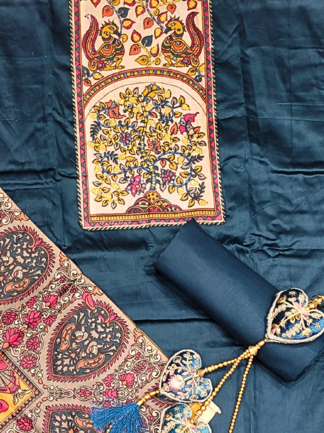 Mirror Embellished Kalamkari Print Dress Material with Animal & Human Figure Motifs