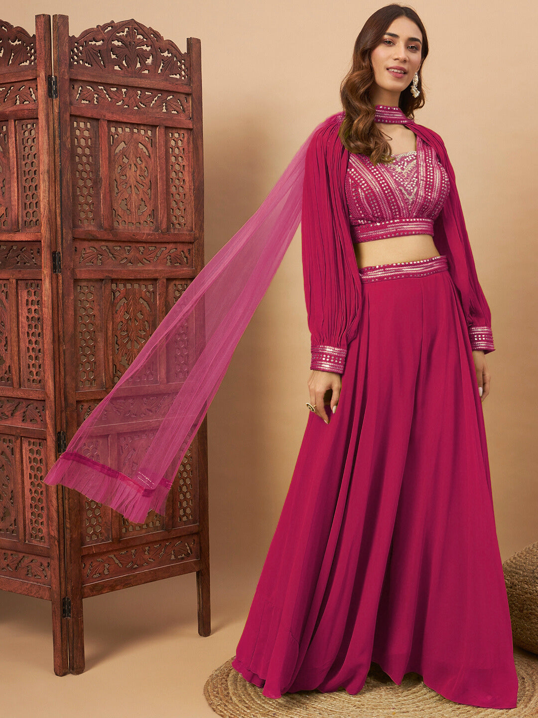 Chhabra 555 Rani Pink Sequin Embellished Crop-Top Palazzo Set with Jasmine style Cape Sleeves 