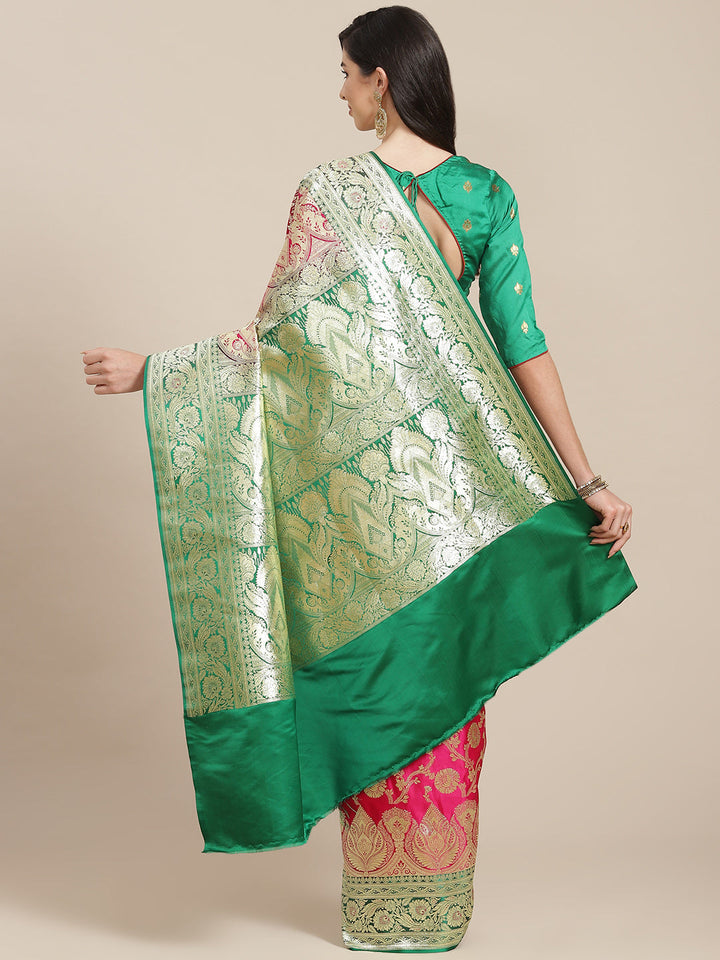 Magenta Kanjiwaram Silk Saree With Floral Weaving Contrast Blouse