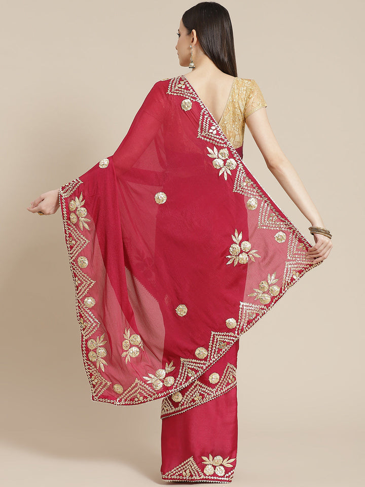 Magenta Gota Patti Embellished Saree With Contrast Lavender Blouse