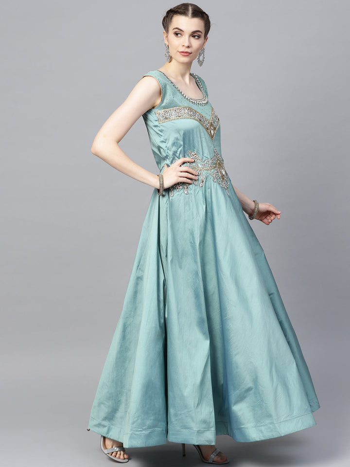 Kundan Embroidered Silk Floor Length Flared Suit