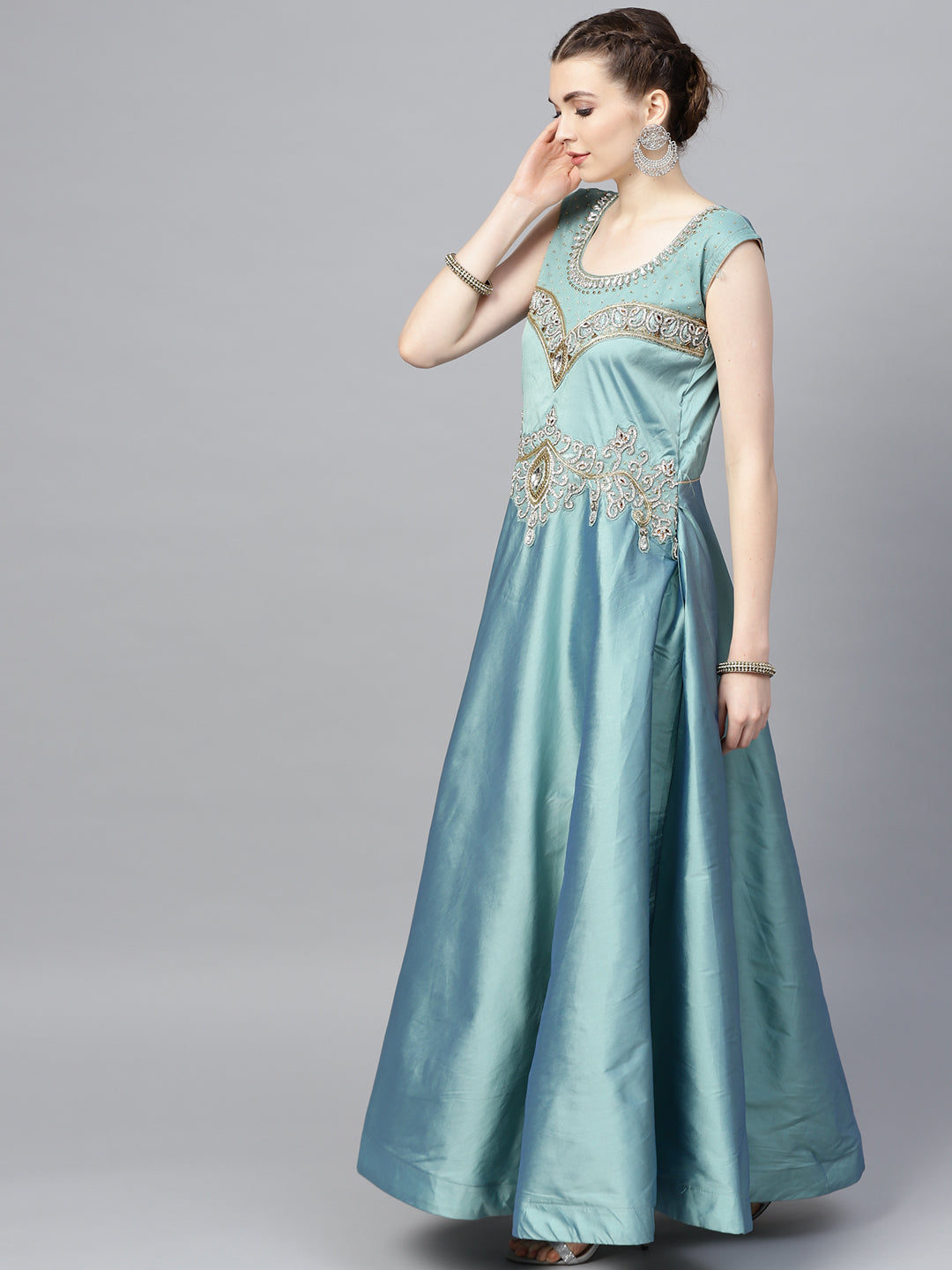 Kundan Embroidered Silk Floor Length Flared Suit
