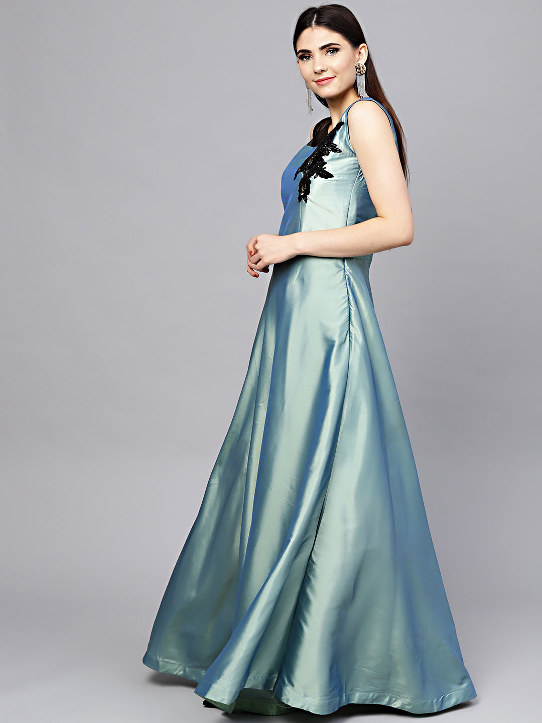 Embellished Flared Gown with Applique Embroidery