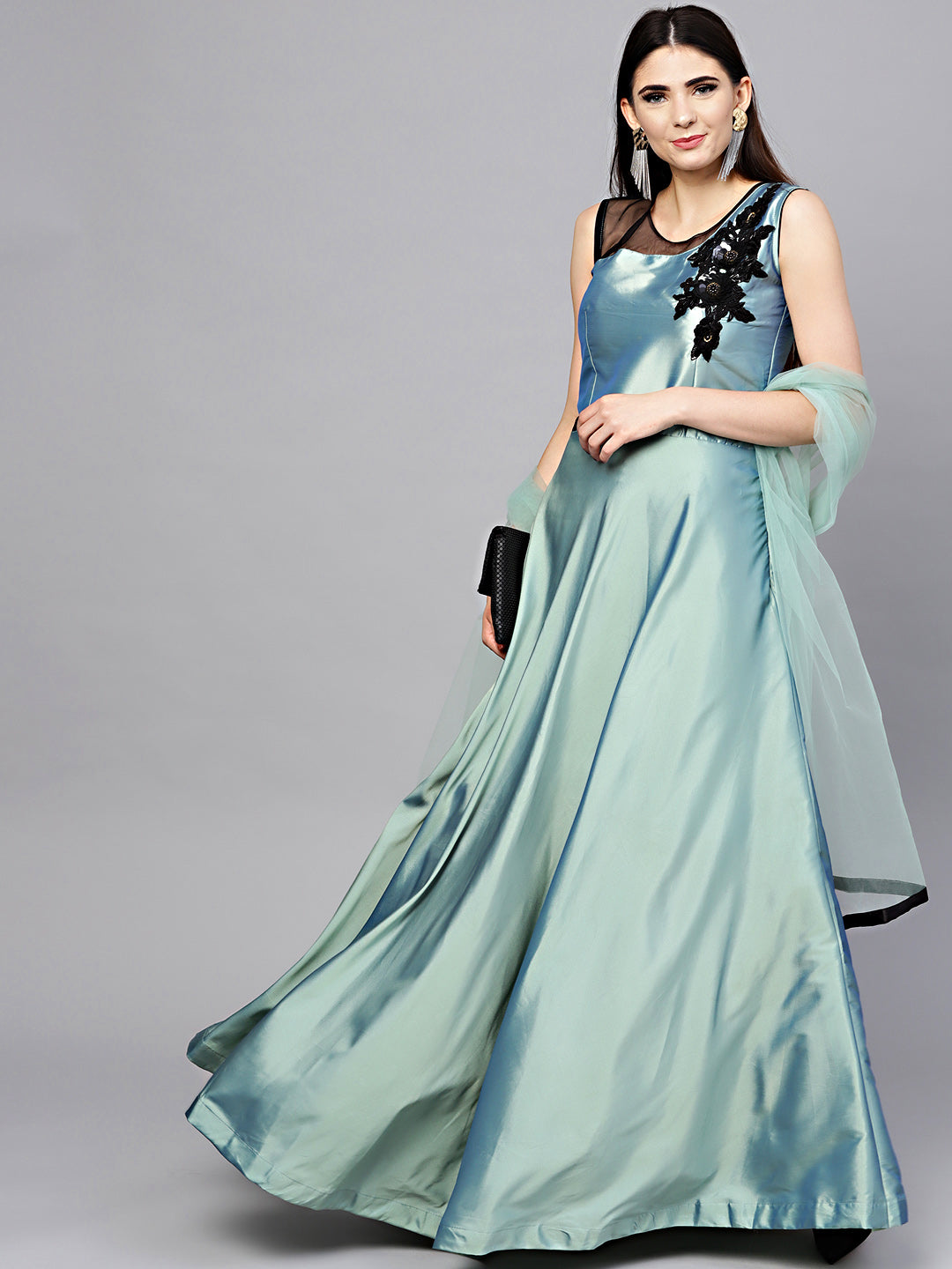 Embellished Flared Gown with Applique Embroidery