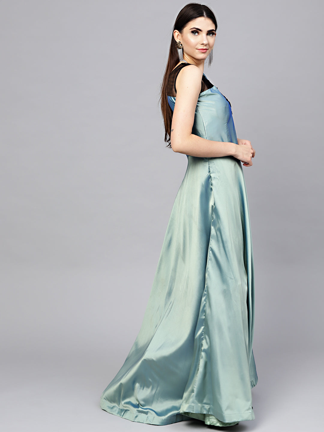 Embellished Flared Gown with Applique Embroidery