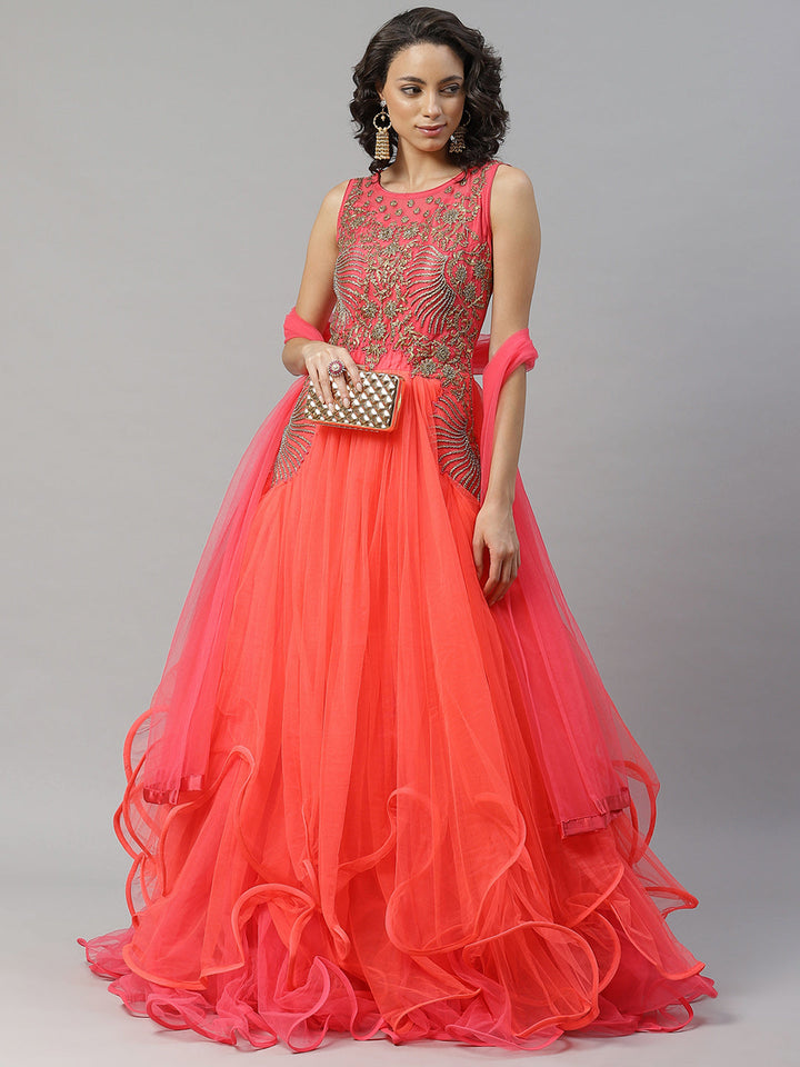 Made to Measure Coral Dyed Ruffled Gown Embellished With  Stone Work And Net Dupatta