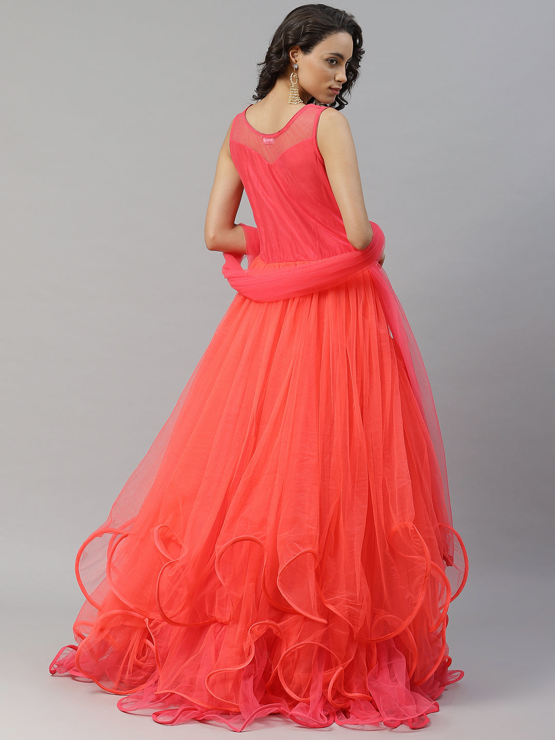 Made to Measure Coral Dyed Ruffled Gown Embellished With  Stone Work And Net Dupatta