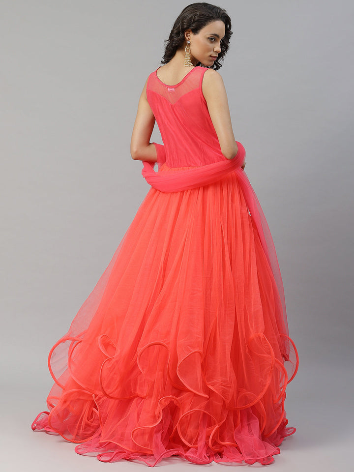 Made to Measure Coral Dyed Ruffled Gown Embellished With  Stone Work And Net Dupatta