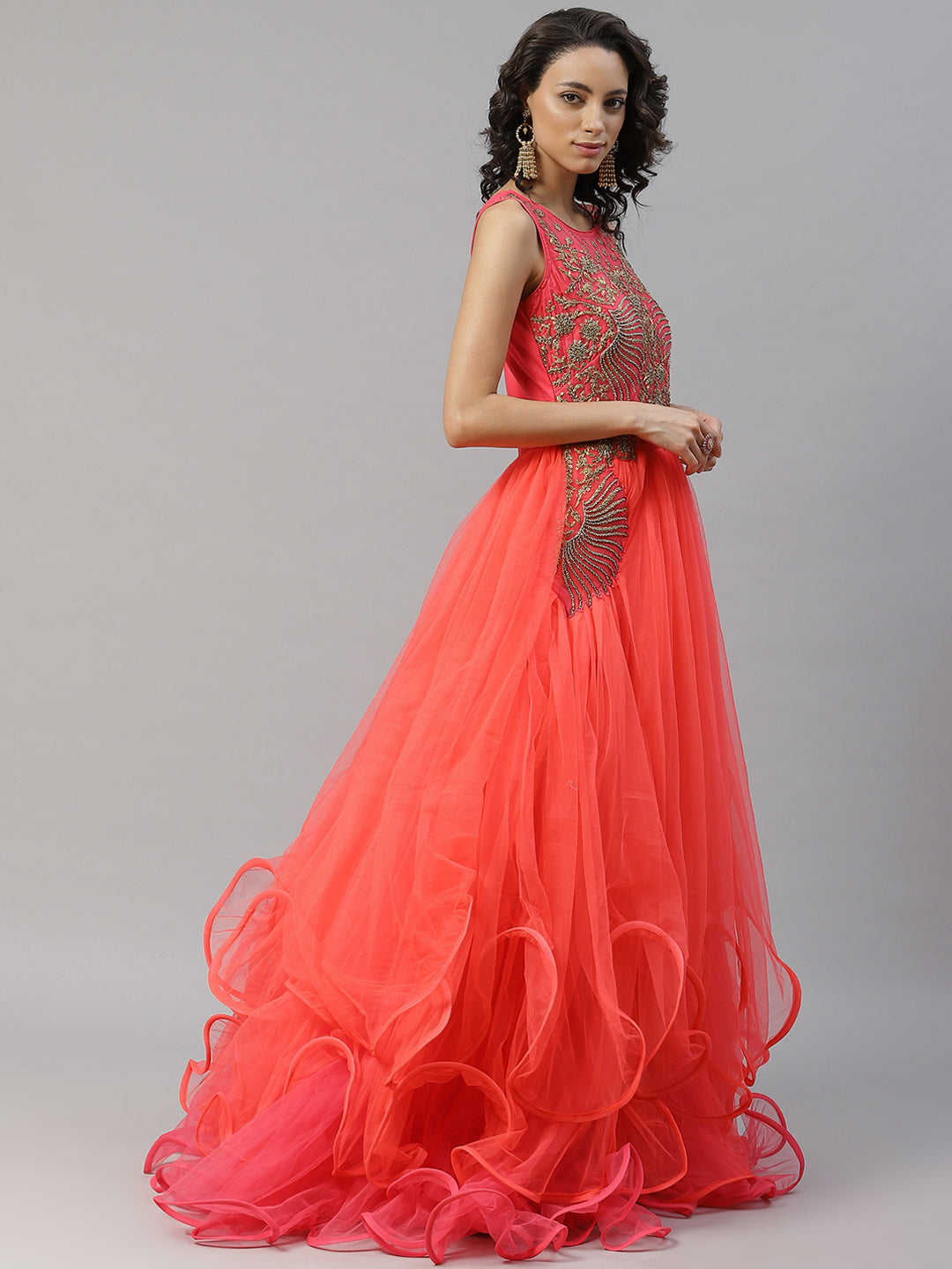Made to Measure Coral Dyed Ruffled Gown Embellished With  Stone Work And Net Dupatta