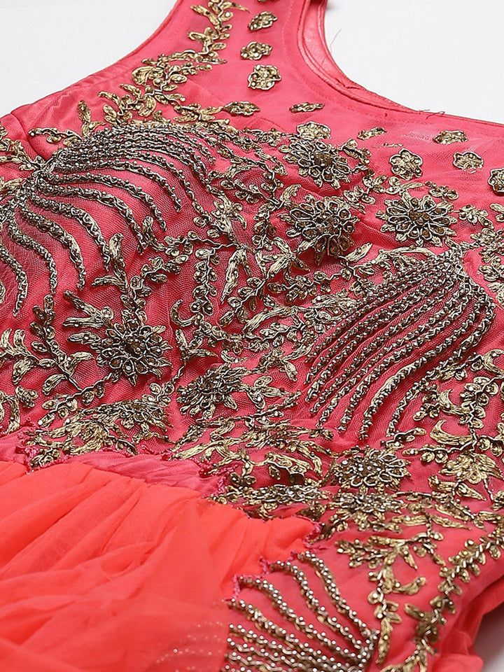 Made to Measure Coral Dyed Ruffled Gown Embellished With  Stone Work And Net Dupatta