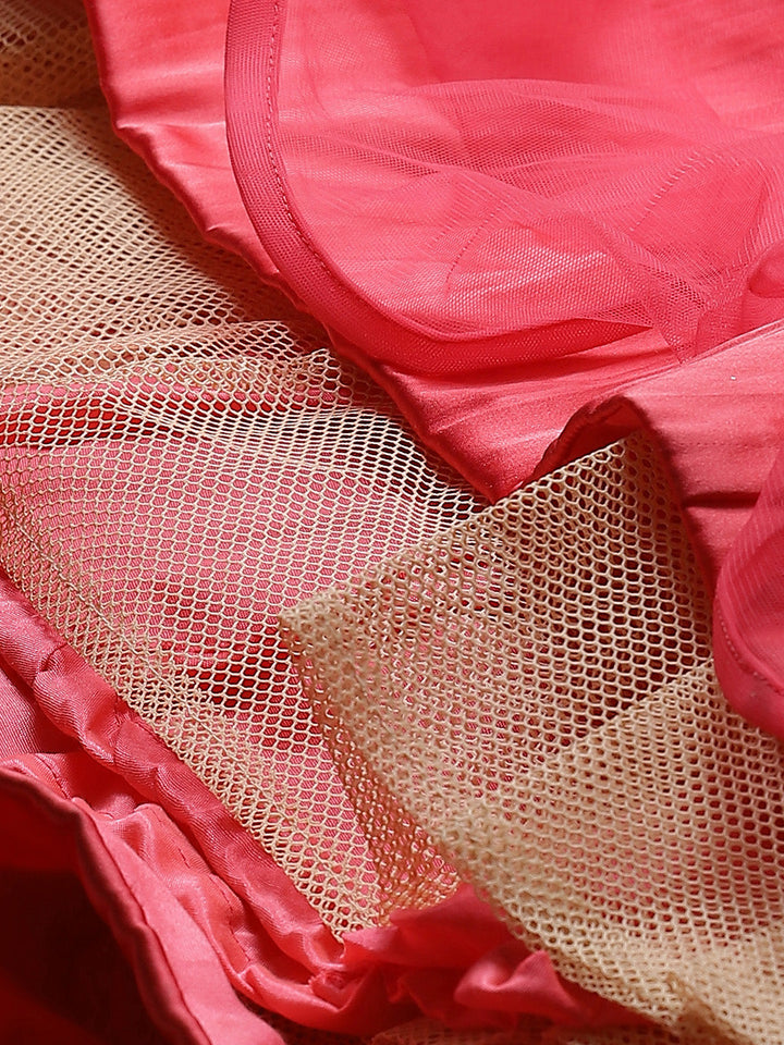 Made to Measure Coral Dyed Ruffled Gown Embellished With  Stone Work And Net Dupatta