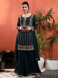 Peplum Style Kalidar Kurta Pallazo set with Sequin Zari Embroidery & Embellished Dupatta