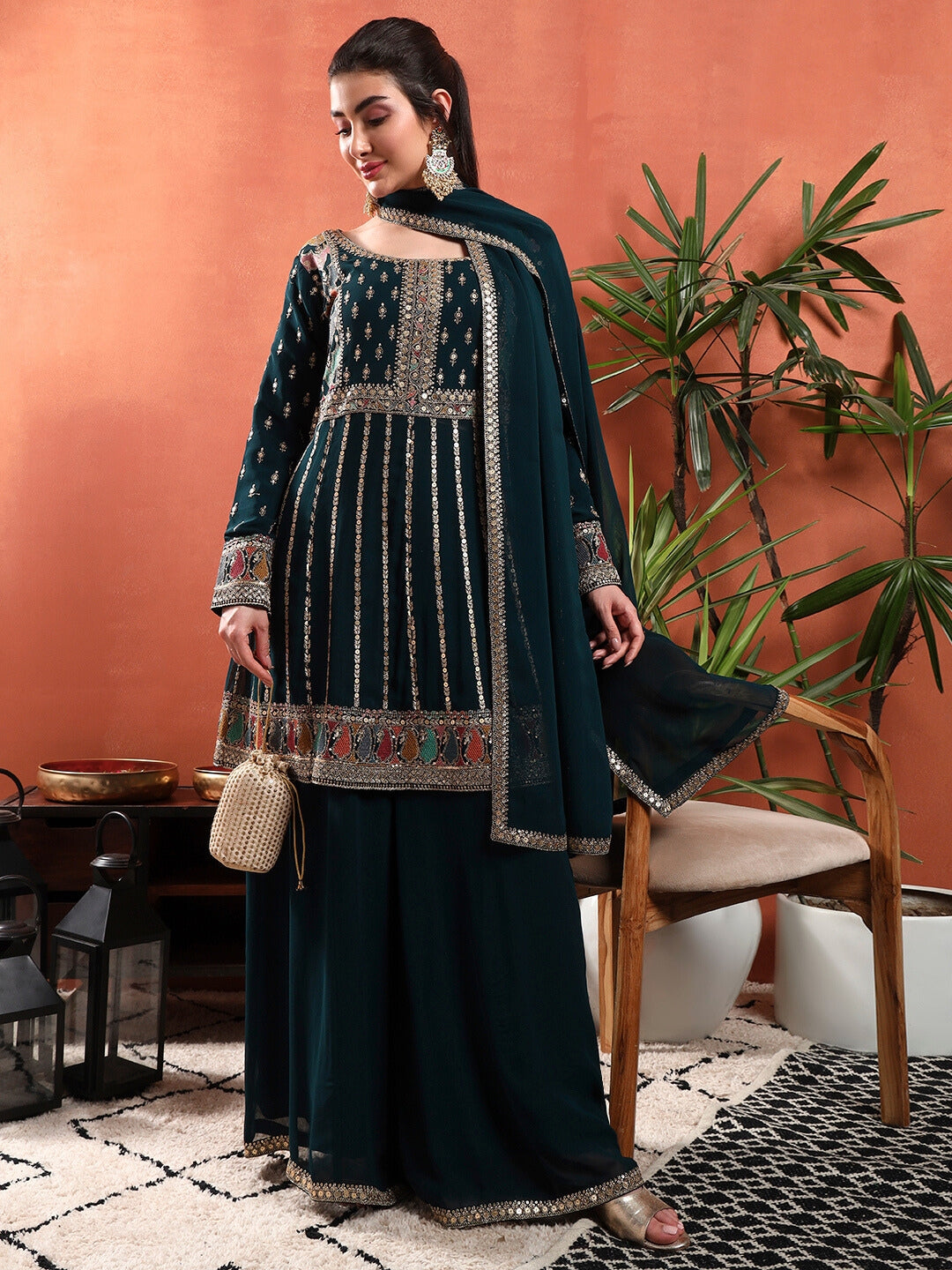 Peplum Style Kalidar Kurta Pallazo set with Sequin Zari Embroidery & Embellished Dupatta