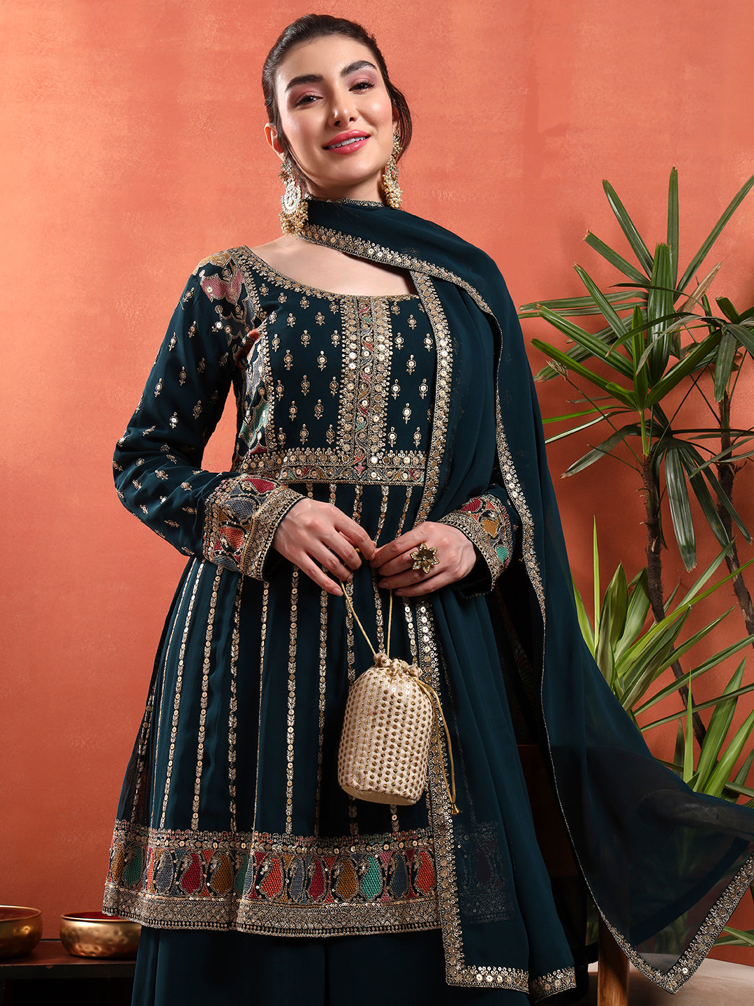 Peplum Style Kalidar Kurta Pallazo set with Sequin Zari Embroidery & Embellished Dupatta