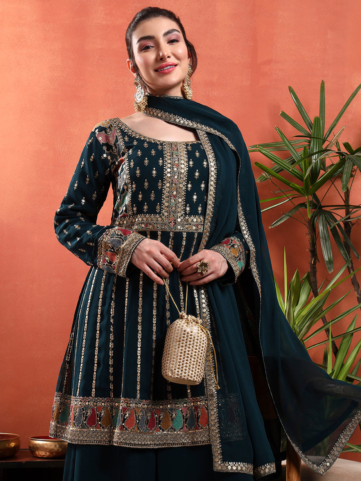 Peplum Style Kalidar Kurta Pallazo set with Sequin Zari Embroidery & Embellished Dupatta