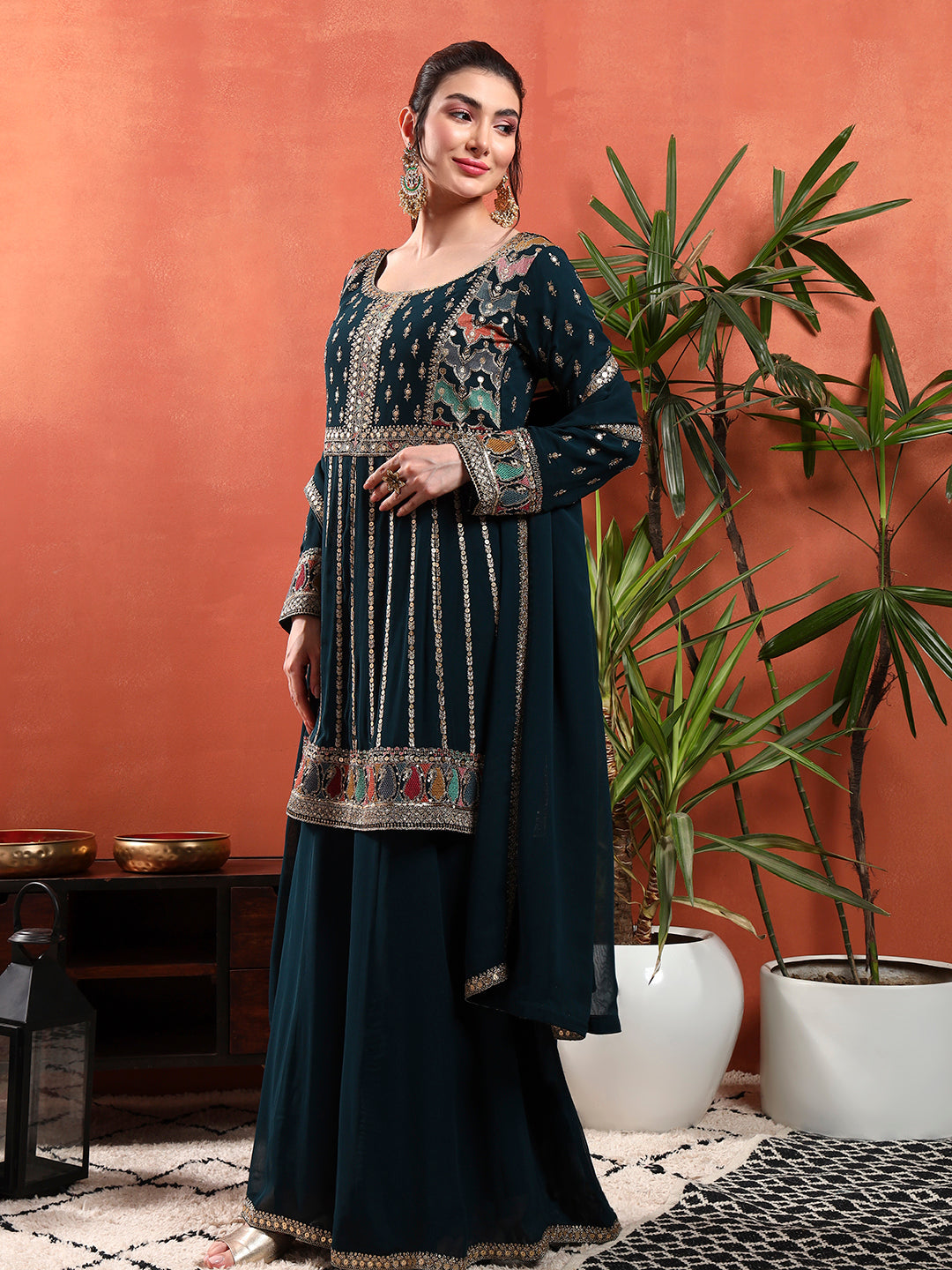 Peplum Style Kalidar Kurta Pallazo set with Sequin Zari Embroidery & Embellished Dupatta
