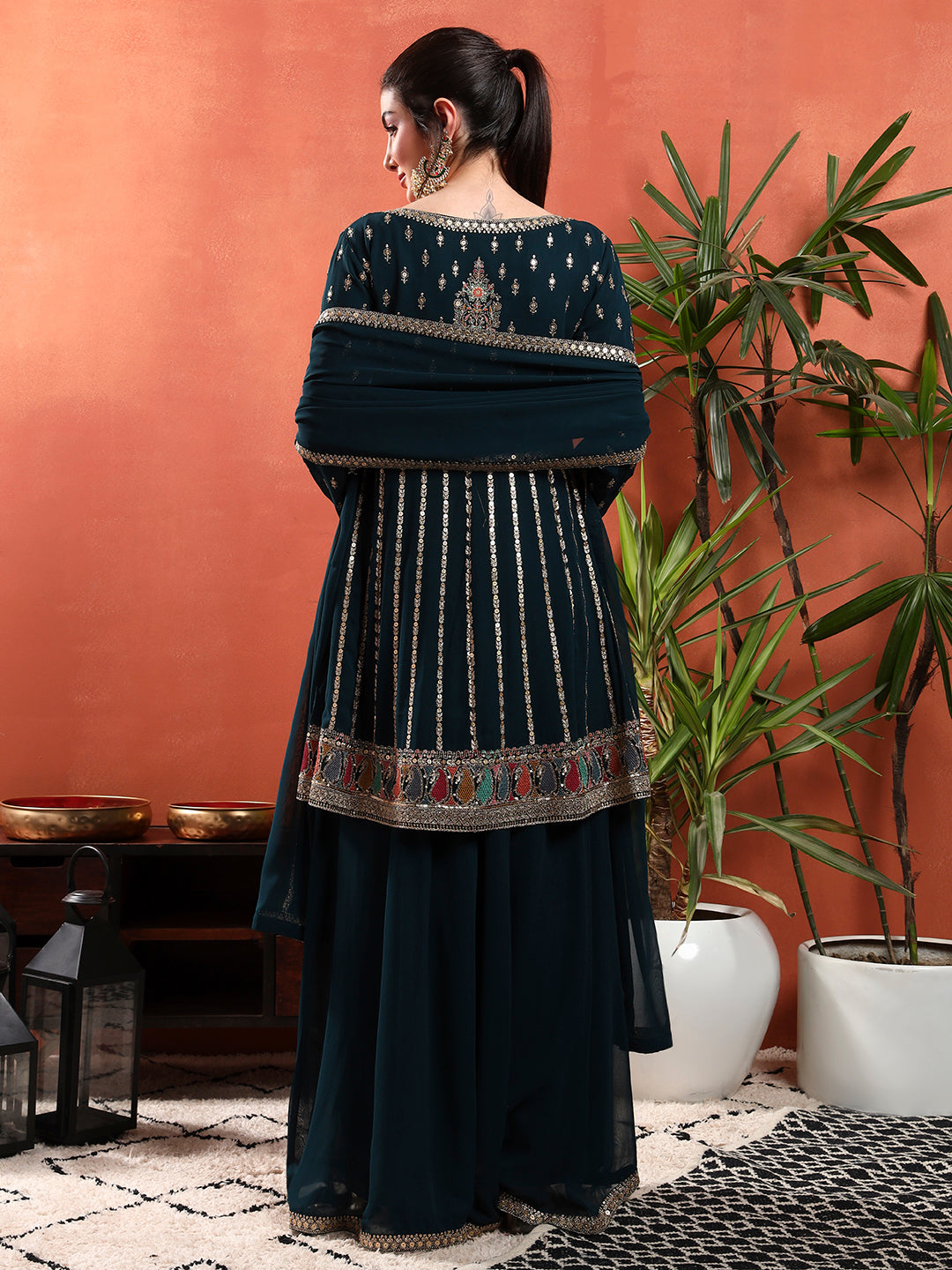 Peplum Style Kalidar Kurta Pallazo set with Sequin Zari Embroidery & Embellished Dupatta