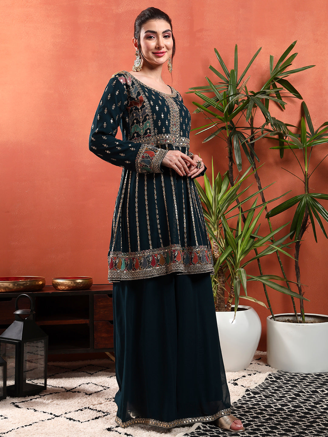 Peplum Style Kalidar Kurta Pallazo set with Sequin Zari Embroidery & Embellished Dupatta