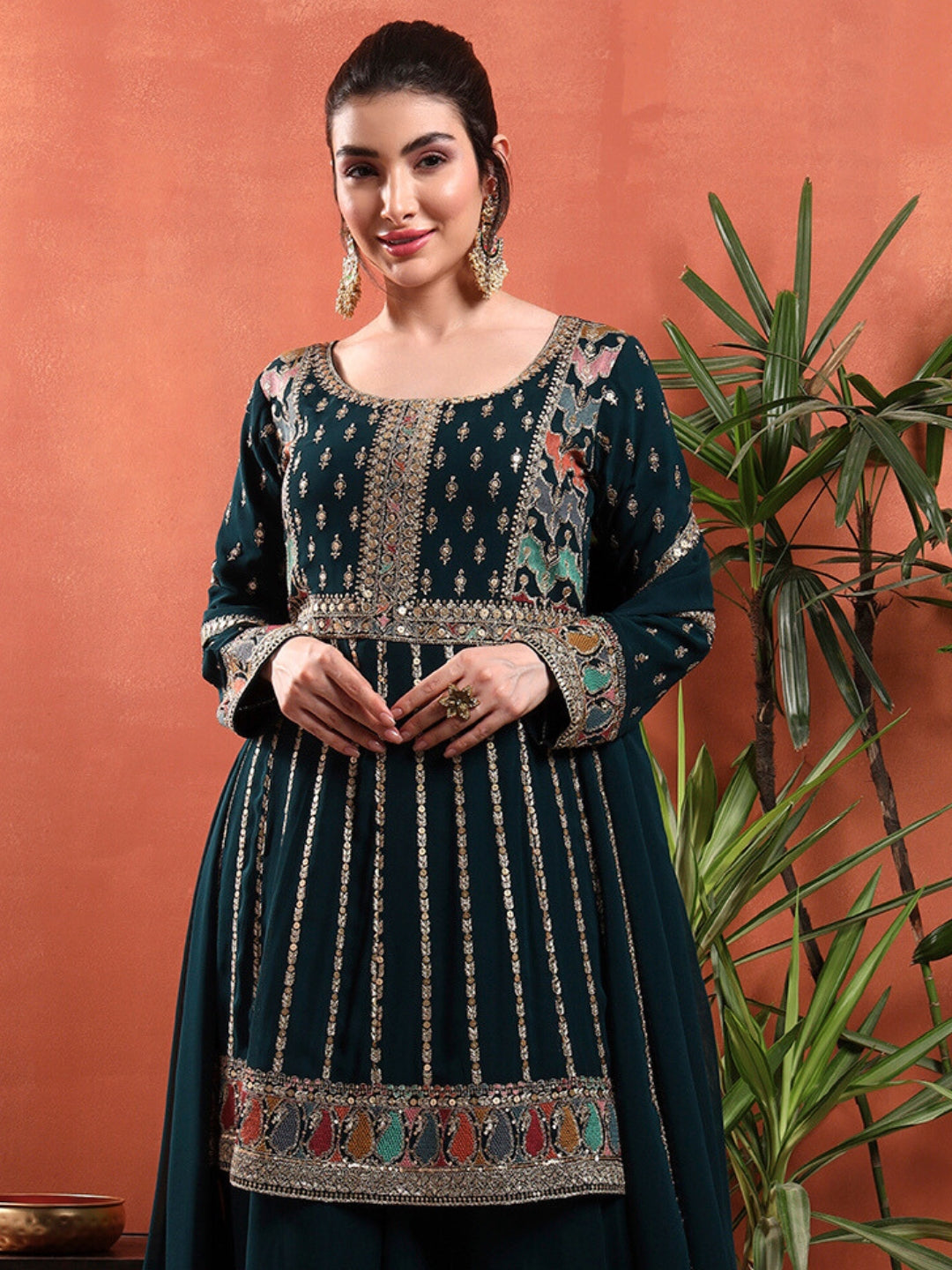 Peplum Style Kalidar Kurta Pallazo set with Sequin Zari Embroidery & Embellished Dupatta