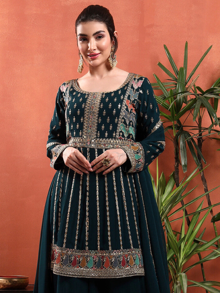 Peplum Style Kalidar Kurta Pallazo set with Sequin Zari Embroidery & Embellished Dupatta