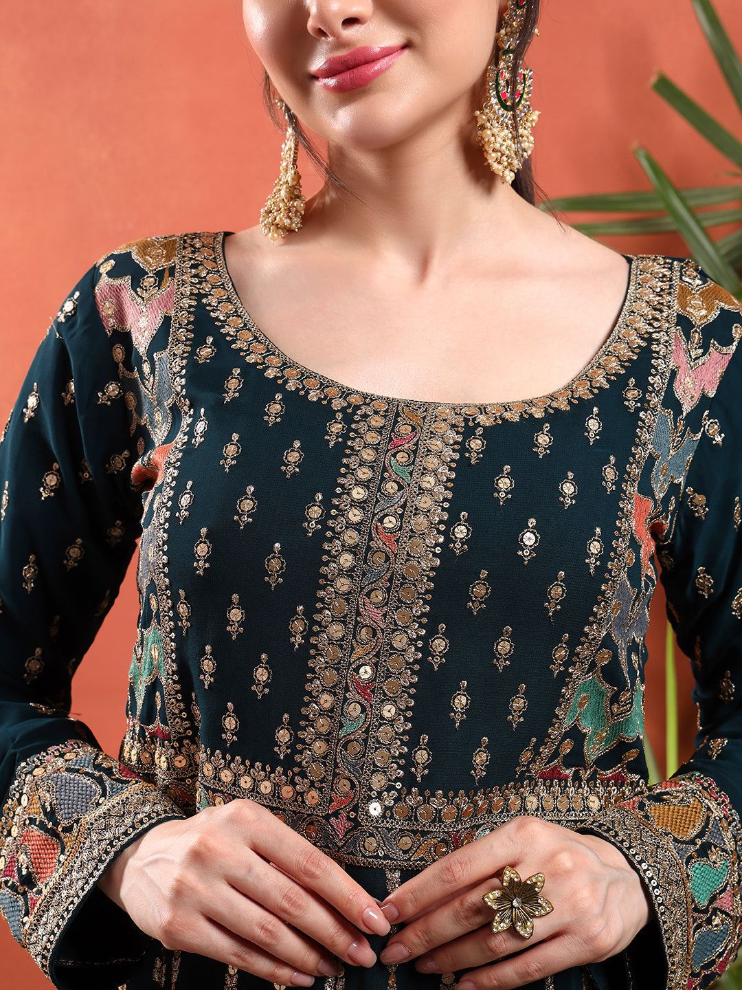 Peplum Style Kalidar Kurta Pallazo set with Sequin Zari Embroidery & Embellished Dupatta