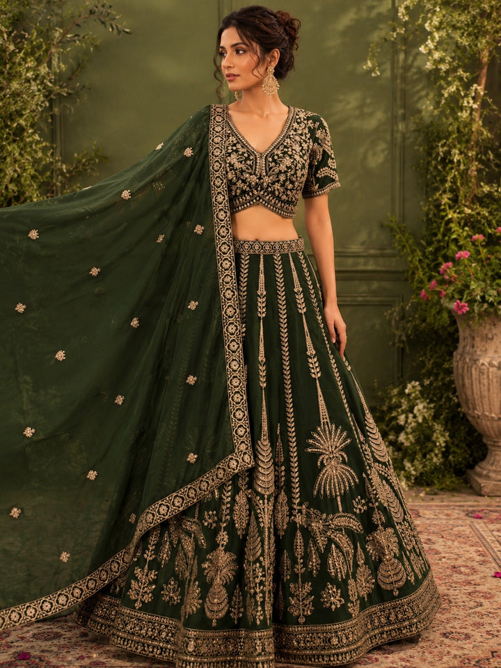 Dark Green Georgette Lehenga Choli with Heavy Zari & Sequin Tree & Floral Motif Embroidery