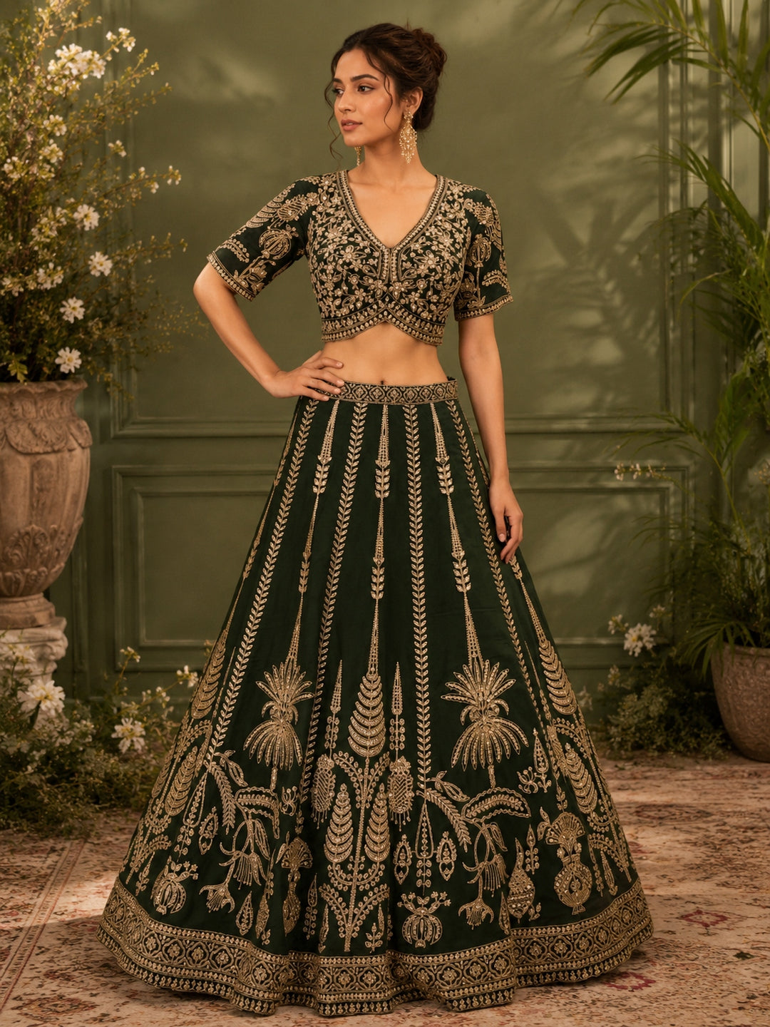 Dark Green Georgette Lehenga Choli with Heavy Zari & Sequin Tree & Floral Motif Embroidery